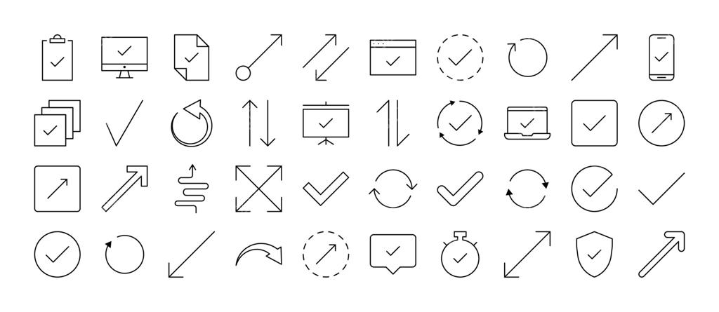 مجموعه آیکون خطی انواع فلش‌ها. نشانه‌های خطی برای طراحی گرافیک و وب، اپلیکیشن‌ها، تبلیغات و کارت‌های متنوع