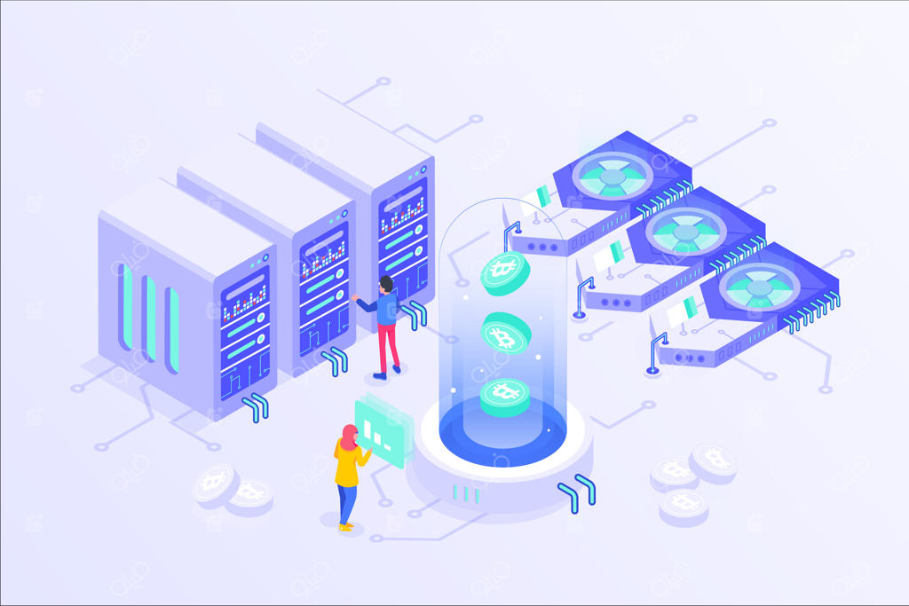 استخراج بیت‌کوین از طریق بلاک‌چین: طراحی ایزومتریک سرور آنلاین وکتوری