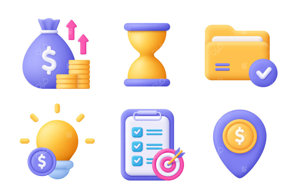 کیف پول، ساعت شنی، پوشه، لامپ، پرونده و سنجاق نقشه. مجموعه آیکون‌های تجاری سه‌بعدی. سبک کارتونی و مینیمال.