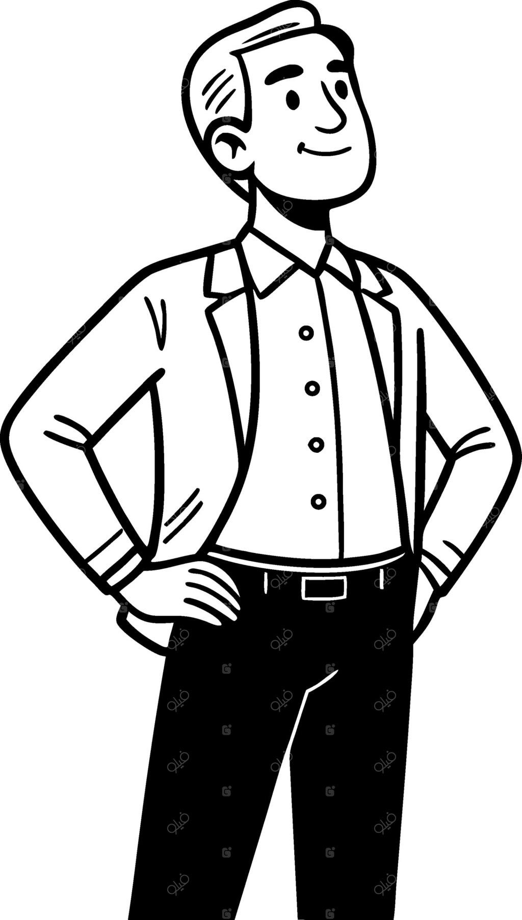 تصویرسازی شخصیت مرد با اعتماد به نفس و خوش‌پوش در حالت ایستاده و دست به کمر