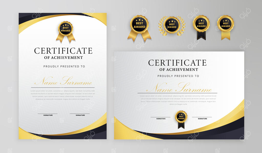 مدرک مشکی و طلایی با نشان و حاشیه برای تجارت و دیپلم