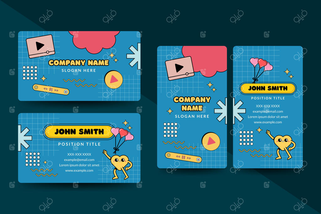 طراحی کارت ویزیت کارتونی و پررنگ با آیکون‌های بازیگوش و اشکال جسورانه؛ مناسب برای برندسازی خلاقانه و حرفه‌ای‌های مدرن