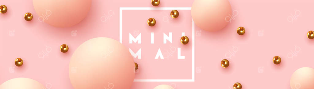 کره‌های واقعی، پس‌زمینه انتزاعی با عناصر سه بعدی. پترن اشکال هندسی دایره‌ای. توپ‌های گرد به رنگ صورتی ملایم و مهره‌های فلزی طلایی. پوستر، بنر و هدر افقی مد روز برای وب‌سایت