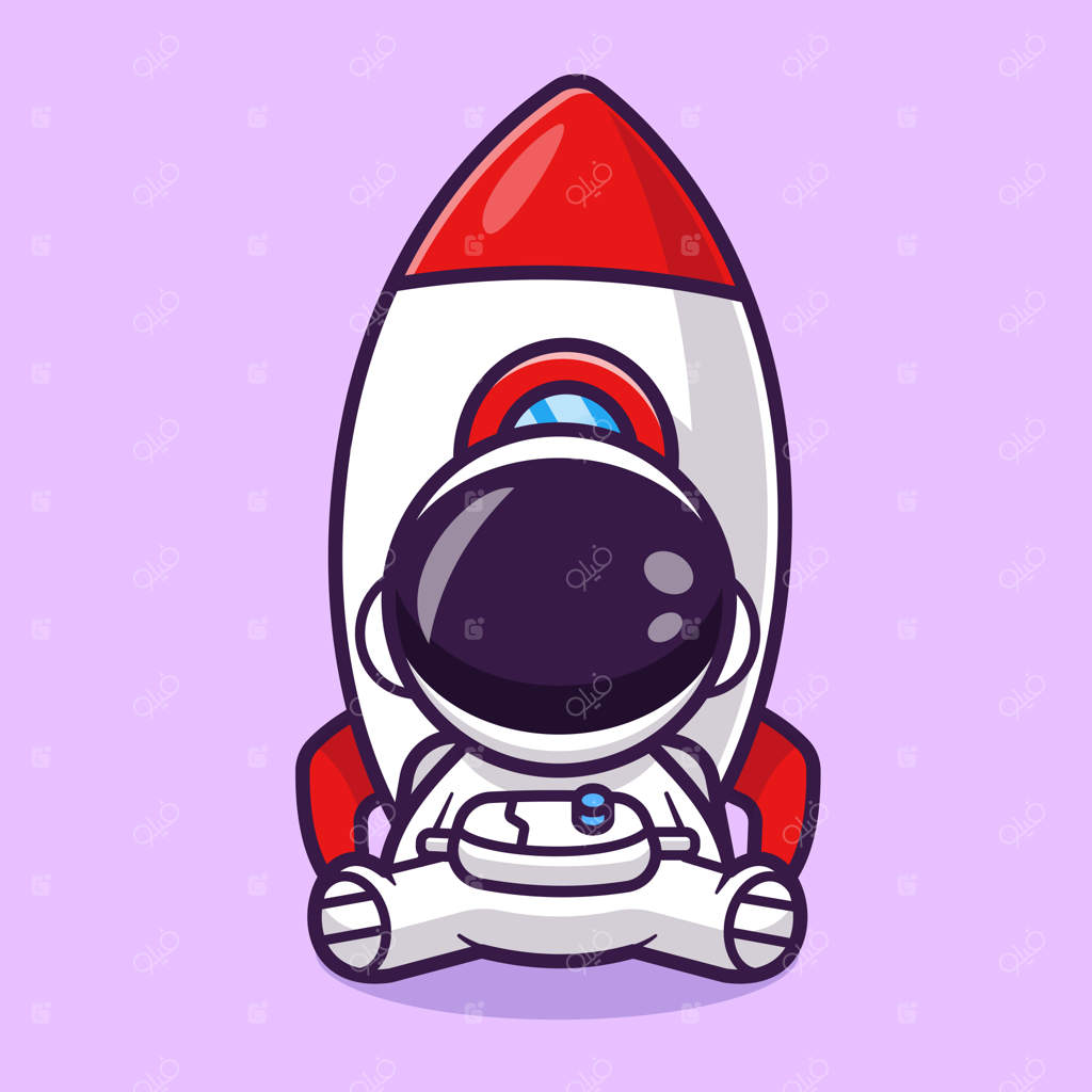 تصویر کارتونی از یک فضانورد بامزه در کنار موشک. علم و فناوری