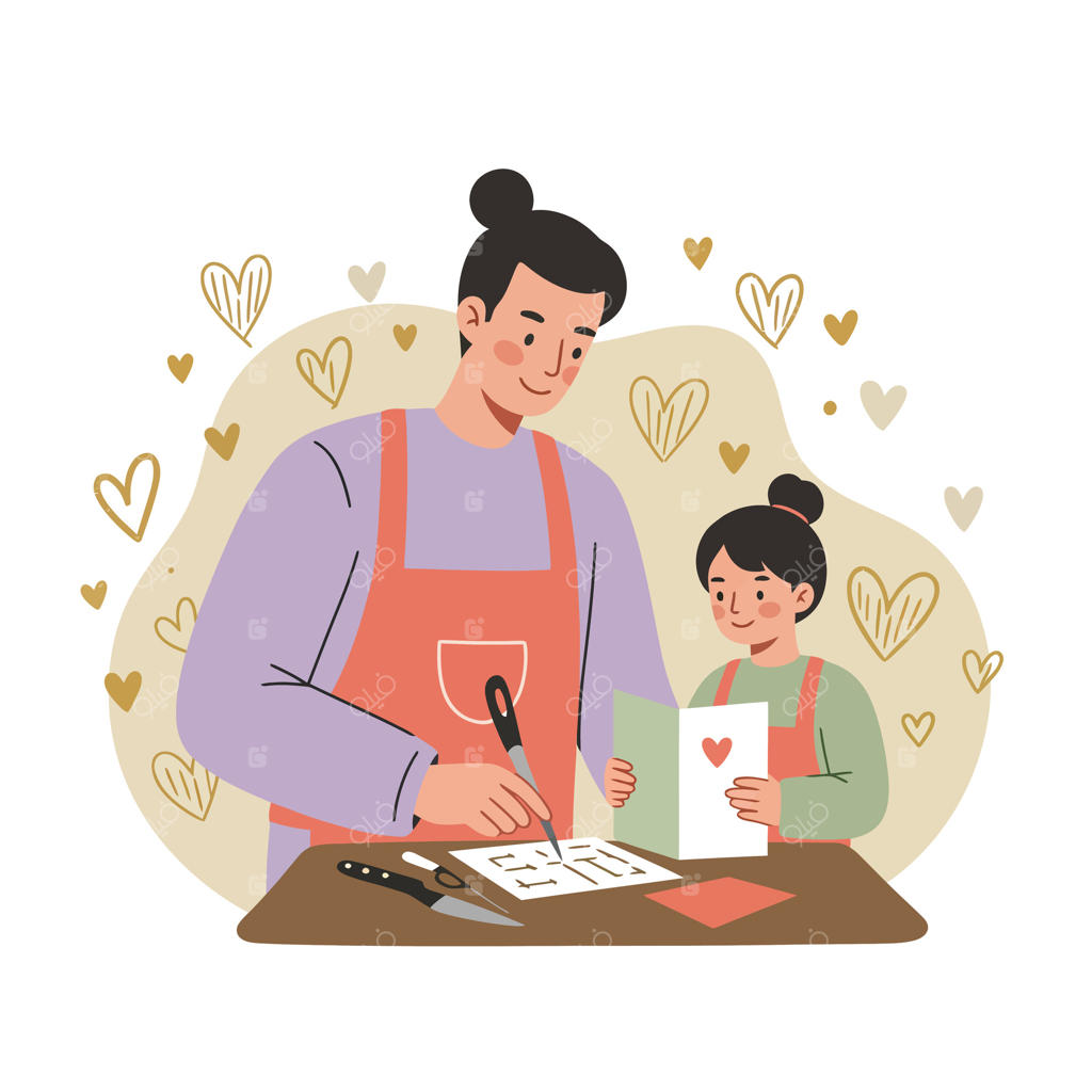 نقاشی کارت‌ تبریک توسط پدر و دختر در فضای صمیمی خانه با تزئینات قلبی‌شکل