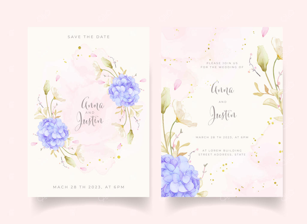 دعوتنامه عروسی با گل‌های رز آبرنگی و ادریسی آبی