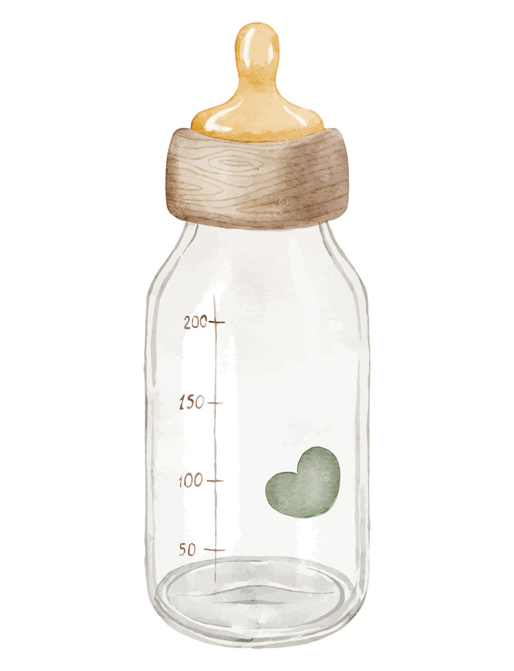 تصویر آبرنگی از شیشه شیر نوزاد با درپوش چوبی و طرح قلب. طراحی ظرف شیشه‌ای برای دعوت‌نامه‌های کودکانه یا کارت‌های تبریک جشن نوزاد. هنری در رنگ‌های پاستلی.