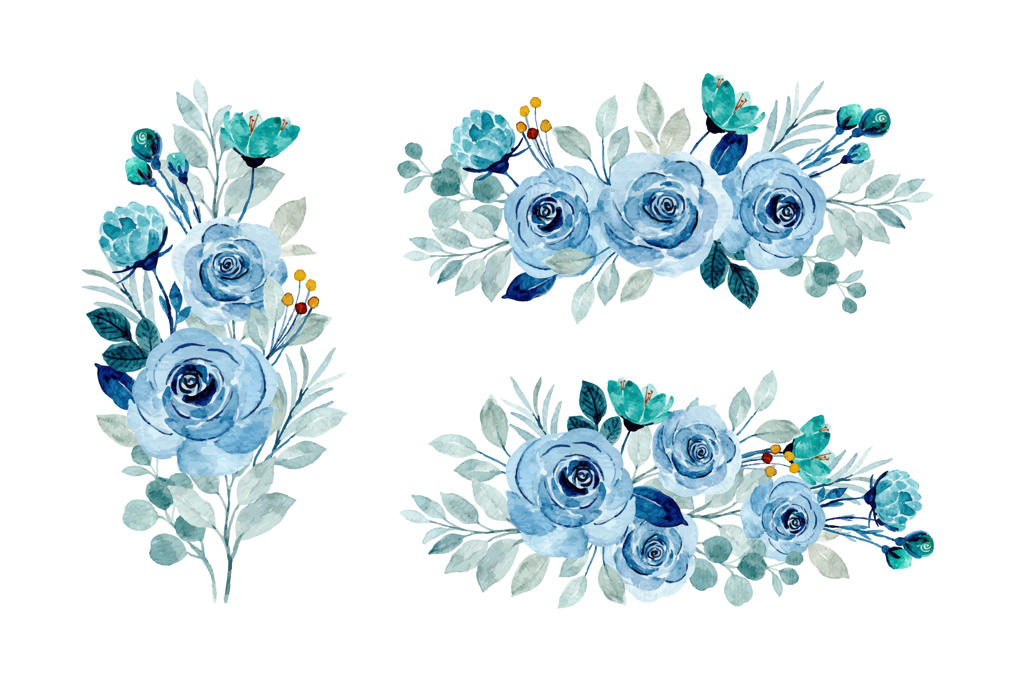 مجموعه‌ی گل‌های آبرنگی با طرح گل‌های آبی