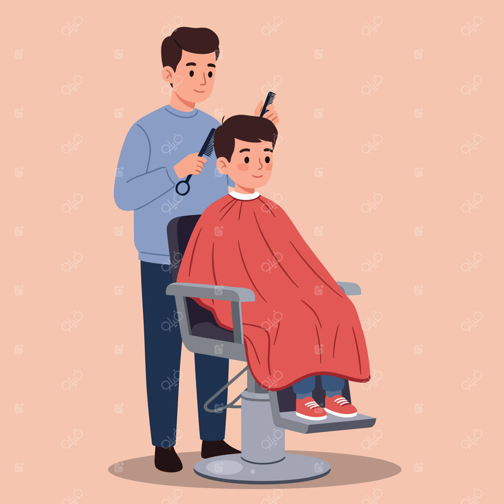 آرایشگری ماهر در حال کوتاه کردن موهای پسر جوانی روی صندلی شیک با طرحی مدرن و مینیمال، تصویرسازی