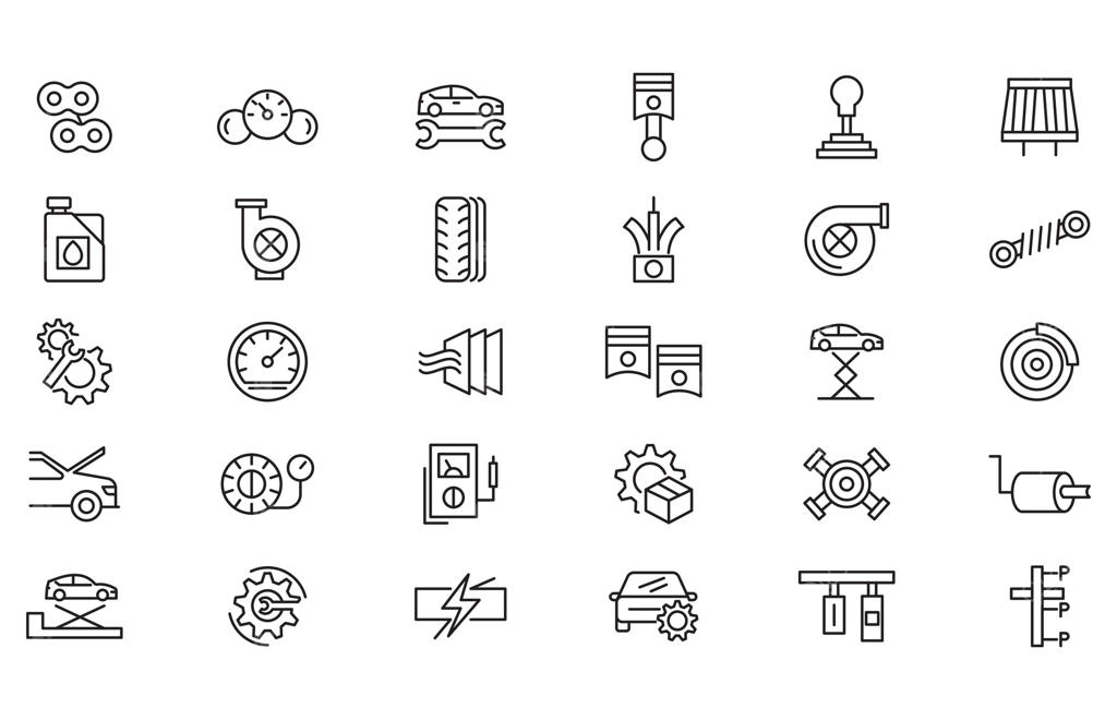 مجموعه آیکون‌های خدمات اتو و تعمیر خودرو: قطعات یدکی و تعویضی، خودرو، سیستم، انرژی، شستشو، فروشگاه، روغن و نگهداری