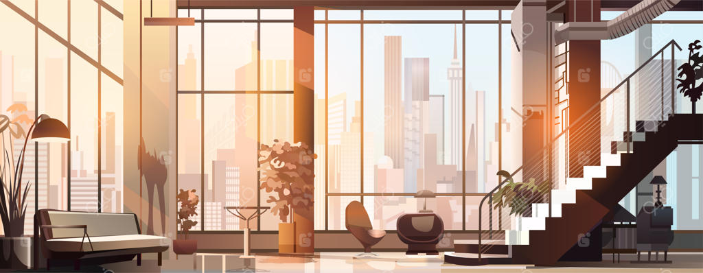 طراحی داخلی مدرن دفتر کار خانگی در فضای باز با مبلمان برای کار شرکتی یا فریلنسری - آپارتمان خلاق و خالی، بدون حضور افراد، تصویرسازی افقی وکتور