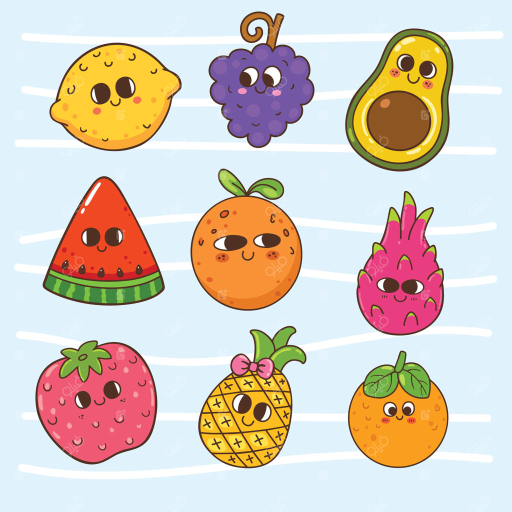 وکتور حرفه‌ای میوه‌های کارتونی بامزه برای طرح‌های کودکانه