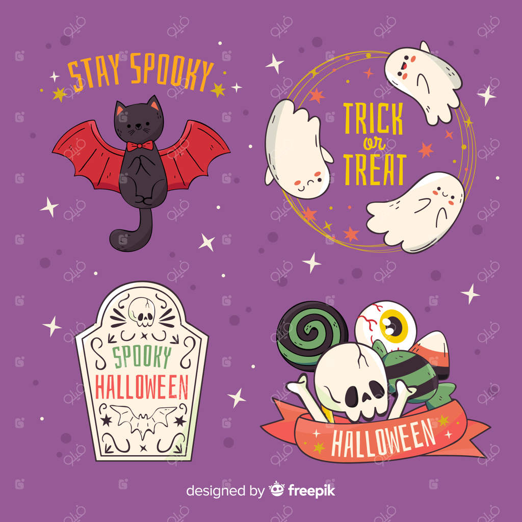 نشان‌های کاراکترهای بامزه هالووین روی پس‌زمینه بنفش