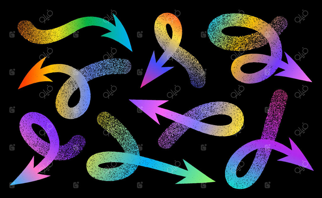 فلش‌های رنگارنگ با گرادیانت پیچان و منحنی که به جهات مختلف روی زمینه سیاه اشاره می‌کنند.