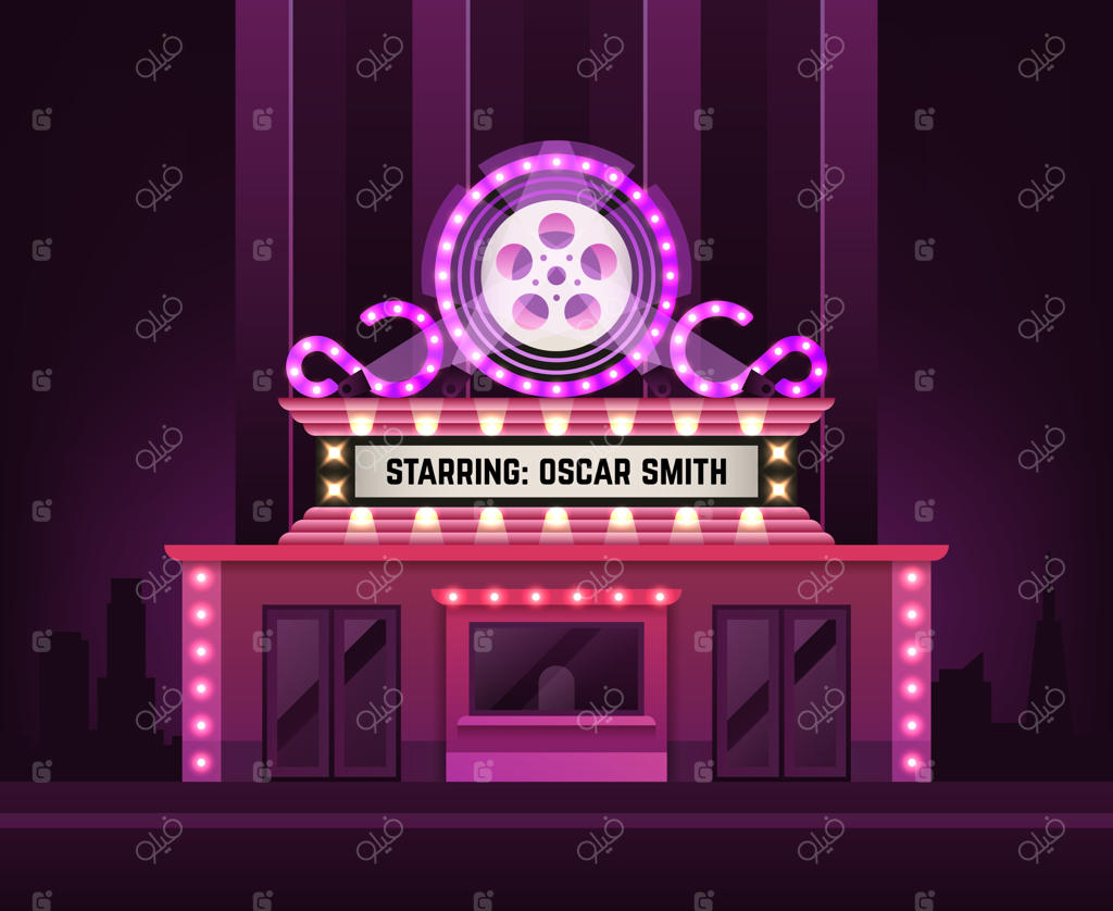 ساختمان سینما با نمای بیرونی و تابلوی قدیمی روشنایی در ورودی فیلم