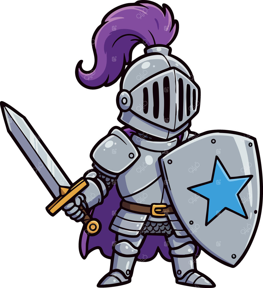 تصویر شوالیه کارتونی زره‌پوش با شمشیر و سپر، دارای پر ارغوانی و نشان ستاره آبی