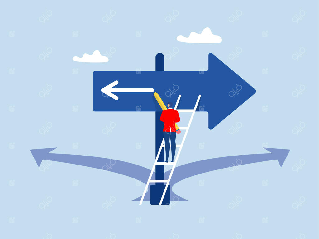 تاجر بر روی علامت فلش، فلشی به سمت مخالف می‌کِشد: تغییر جهت، تردید در تصمیم‌های تجاری برای دستیابی به فرصت بهتر، تعارض یا تغییر مسیر،