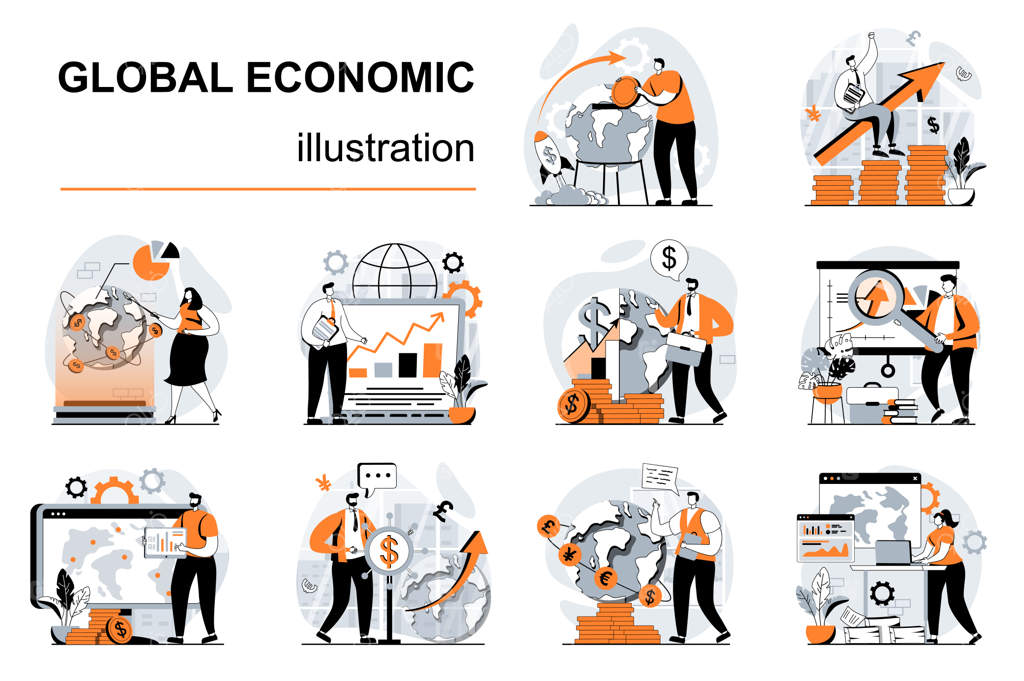 مفهوم اقتصادی جهانی با صحنه‌هایی از مردم - طراحی مسطح و داستان‌های بصری وکتور