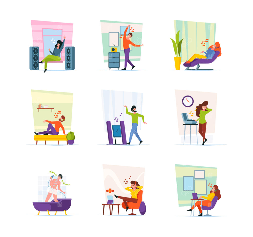 شخصیت‌های آرام در حال خوابیدن روی مبل یا نشستن و گوش‌دادن به موسیقی در اتاق با تصاویر برداری و رنگارنگ