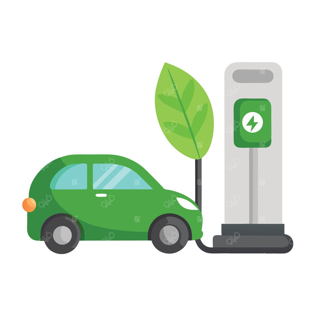 خودروی برقی سبز متصل به ایستگاه شارژ با یک برگ در کنار آن