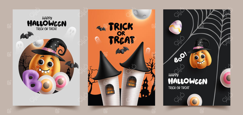 مجموعه پوسترهای وکتور هالووین: طراحی کارت تبریک با موضوع "ترفند یا هدیه" همراه با کدو تنبل