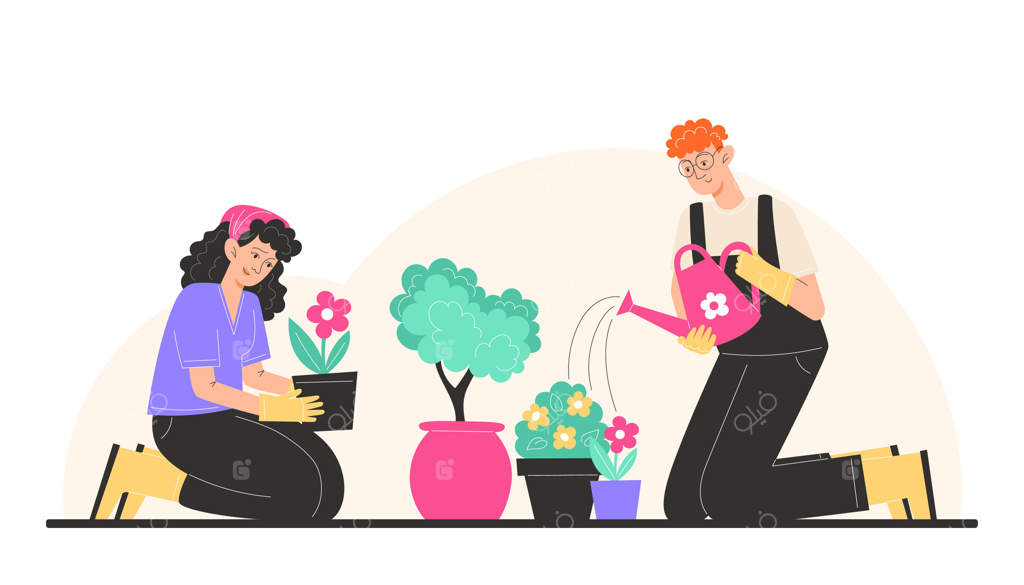 مردم به باغ رسیدگی می‌کنند و گل‌های باغچه را در گلدان‌ها آب می‌دهند.