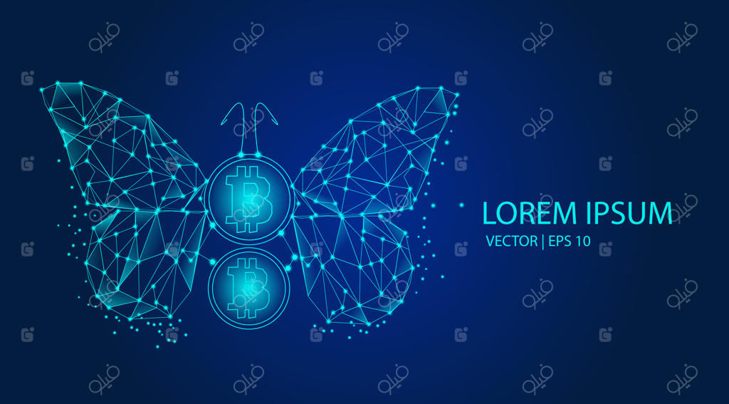 پروانه انتزاعی و بیت‌کوین در یک پس‌زمینه روشن. فناوری نوین، ارز دیجیتال، رمزنگاری، تجارت بلاکچین، مفاهیم ماینینگ و استیکینگ. تصویرسازی