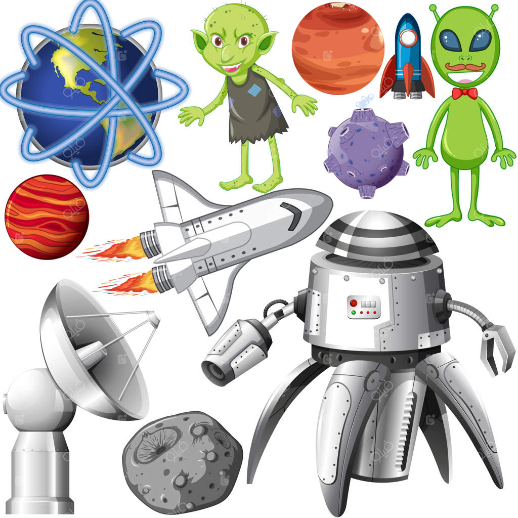 مجموعه‌ای از اجسام فضایی بر روی زمینه سفید