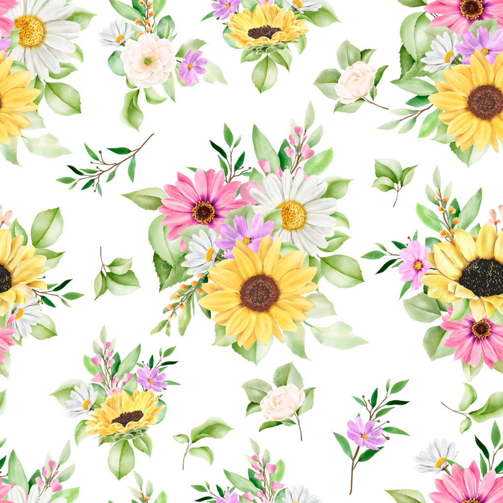 الگوی یکپارچه آبرنگی گل آفتابگردان و بابونه