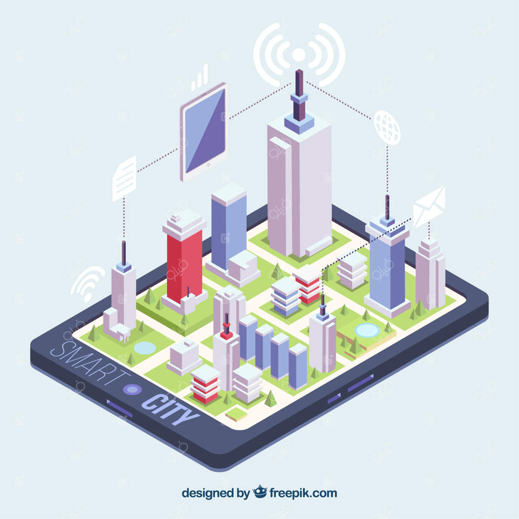 نمای ایزومتریک از یک شهر روی تلفن همراه
