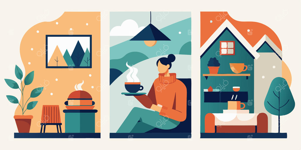 طرح فصل زمستان: زنی در حال نوشیدن قهوه در اتاق نشیمن خانه خود