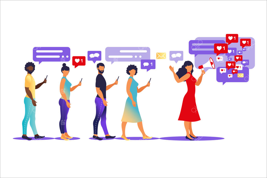 مفهوم بازاریابی با اینفلوئنسر - خدمات و محصولات تبلیغاتی توسط بلاگر برای دنبال‌کنندگان آنلاین او