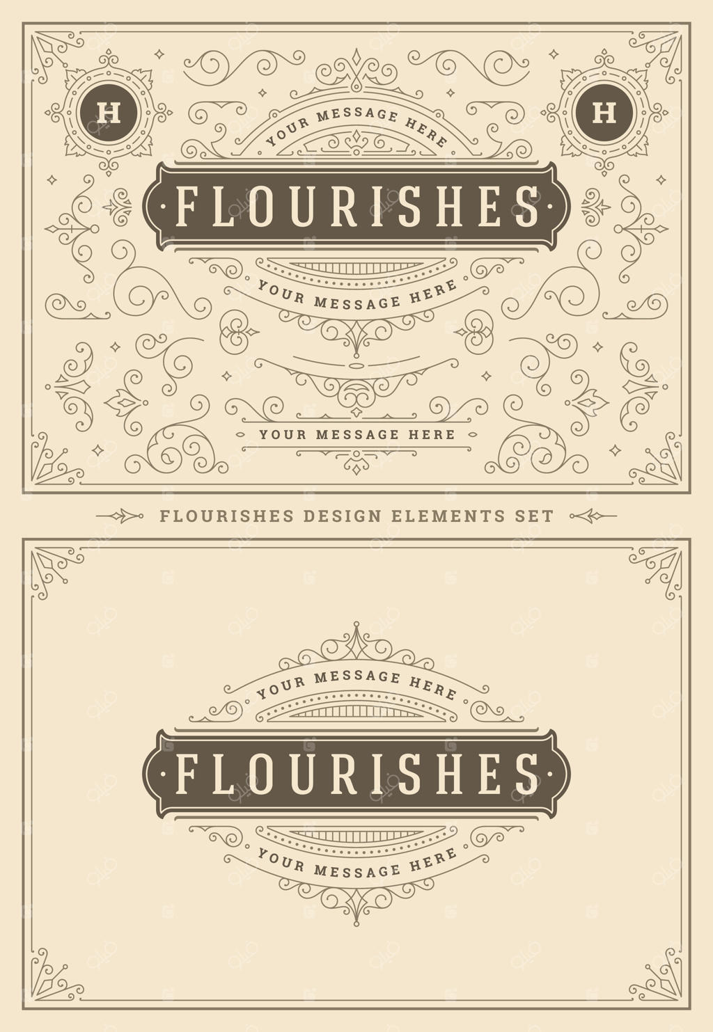 مجموعه طراحی عناصر تزیینات وینتیج شامل گرداب‌ها و طرح‌های تزئینی.