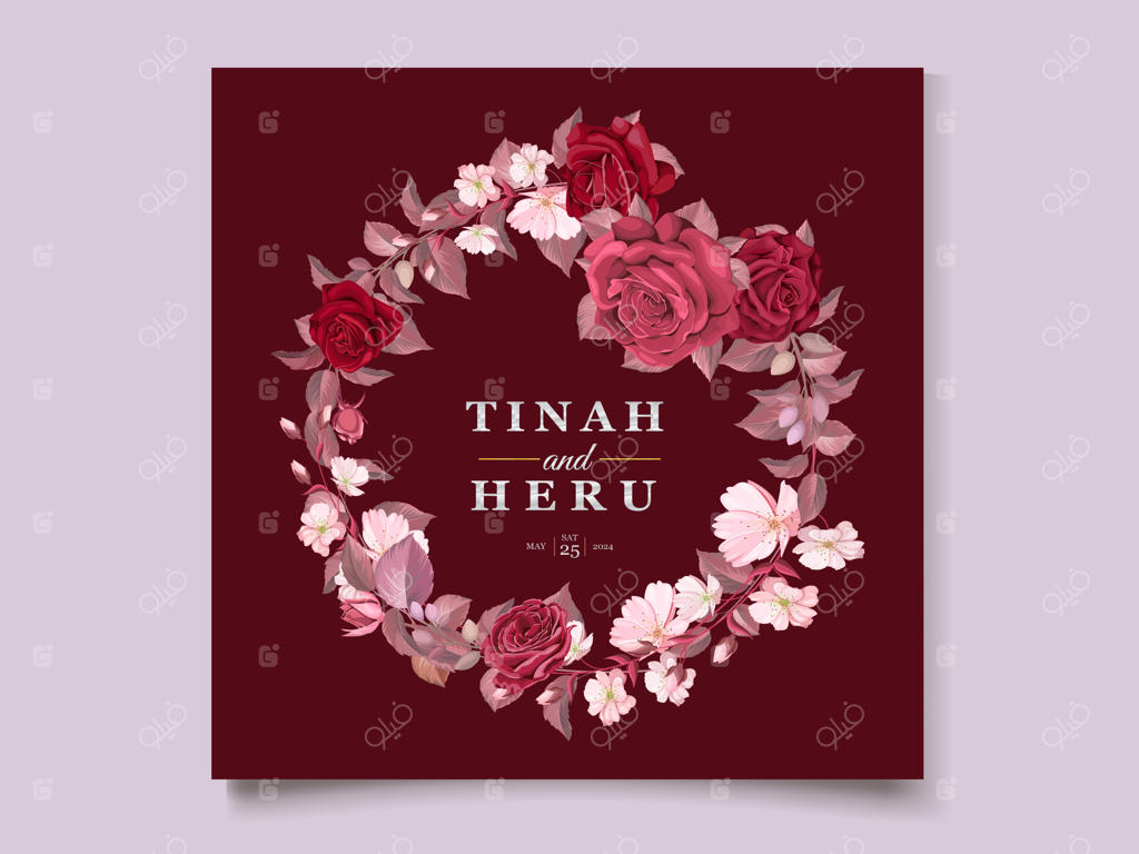 قالب کارت عروسی شیک با گل‌ها و برگ‌های زرشکی