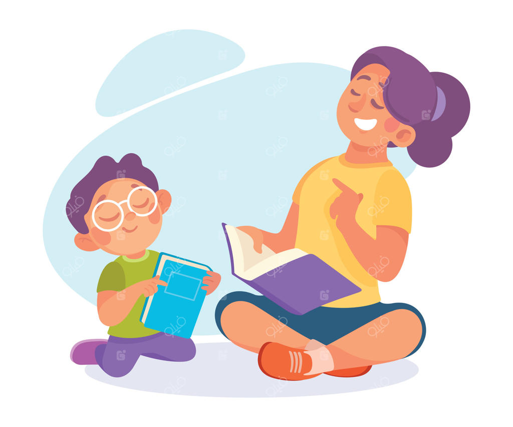 تصویر مادری با پسر زیبایش در حال کتاب خواندن روی زمین