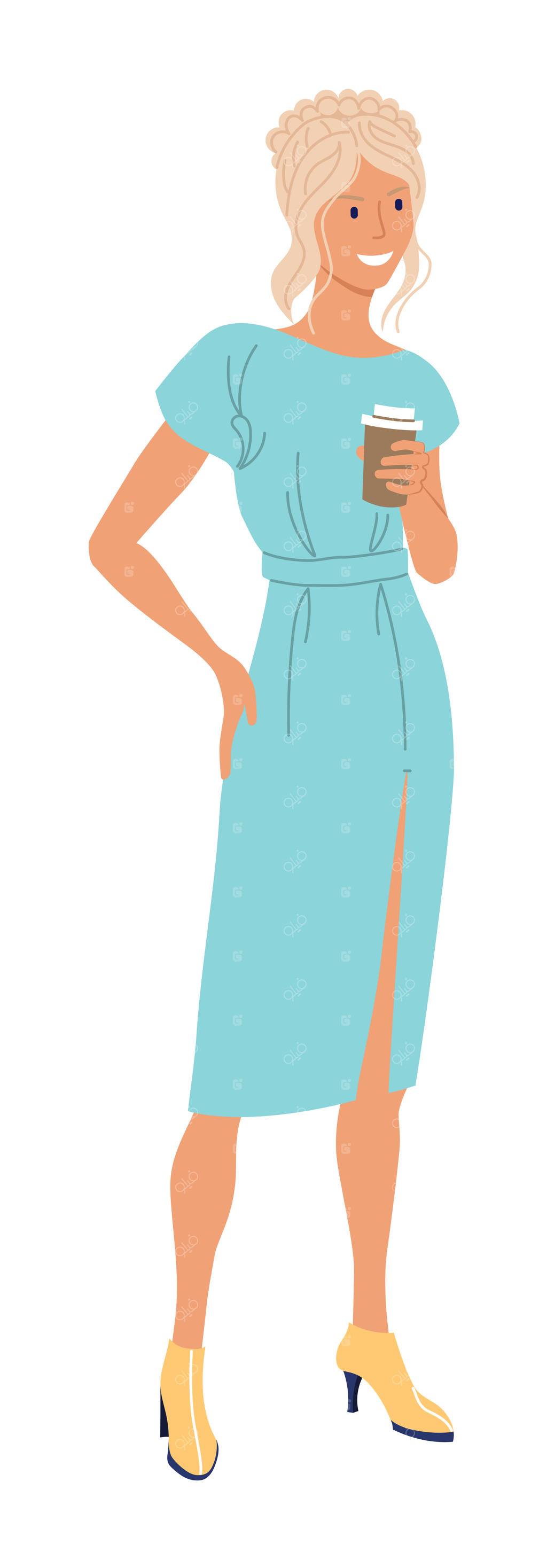 زن در حال نوشیدن قهوه: زن جوان بلوند با لبخند مثبت و لباس شیک از نوشیدن قهوه لذت می‌برد. شخصیت‌پردازی افراد – تصویر ایزوله شده روی زمینه سفید.