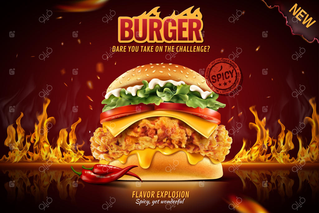 برگر مرغ سوخاری تند و لذیذ با شعله‌های آتش