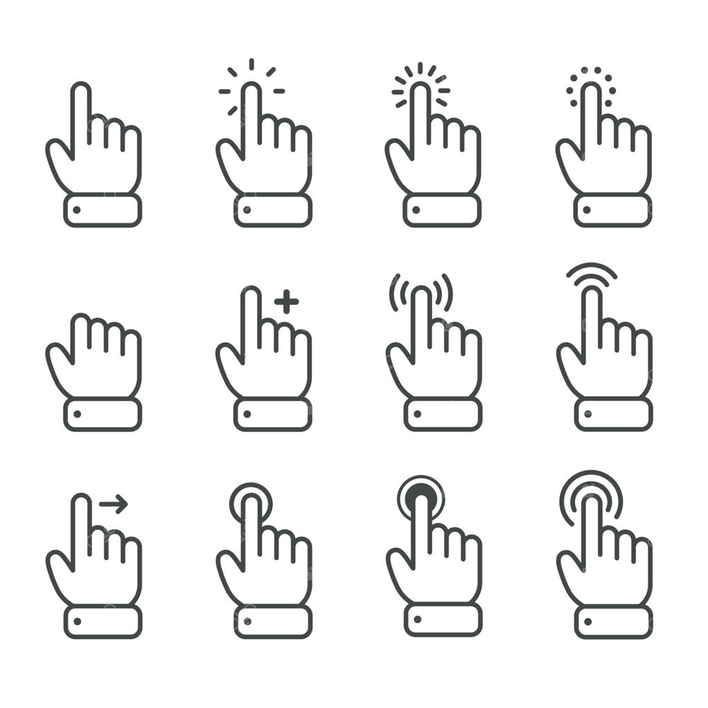 وکتور نشانگر موس انگشتی کارتونی در حالت‌های مختلف برای صفحات لمسی موبایل