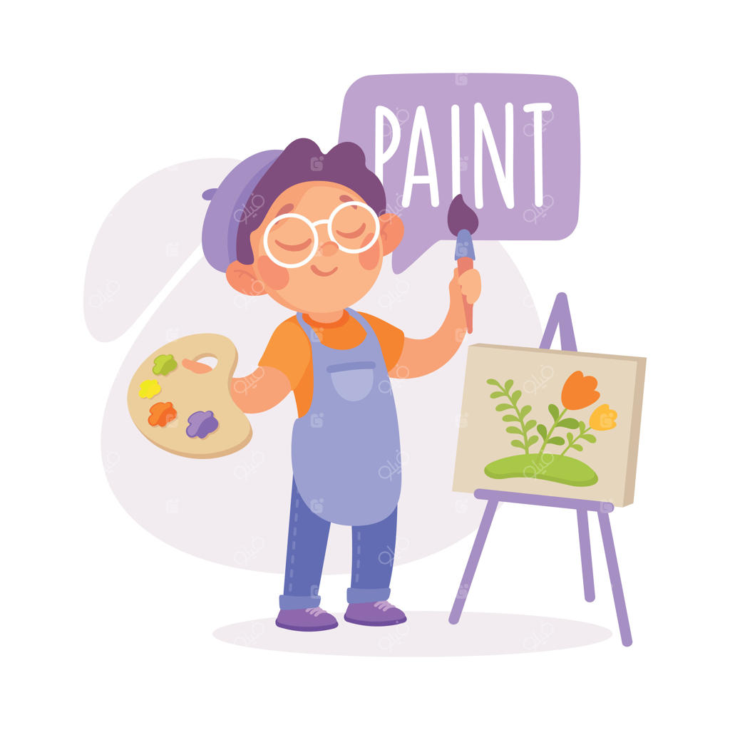 تصویرسازی پسربچه در حال نقاشی برای آموزش افعال و لغات