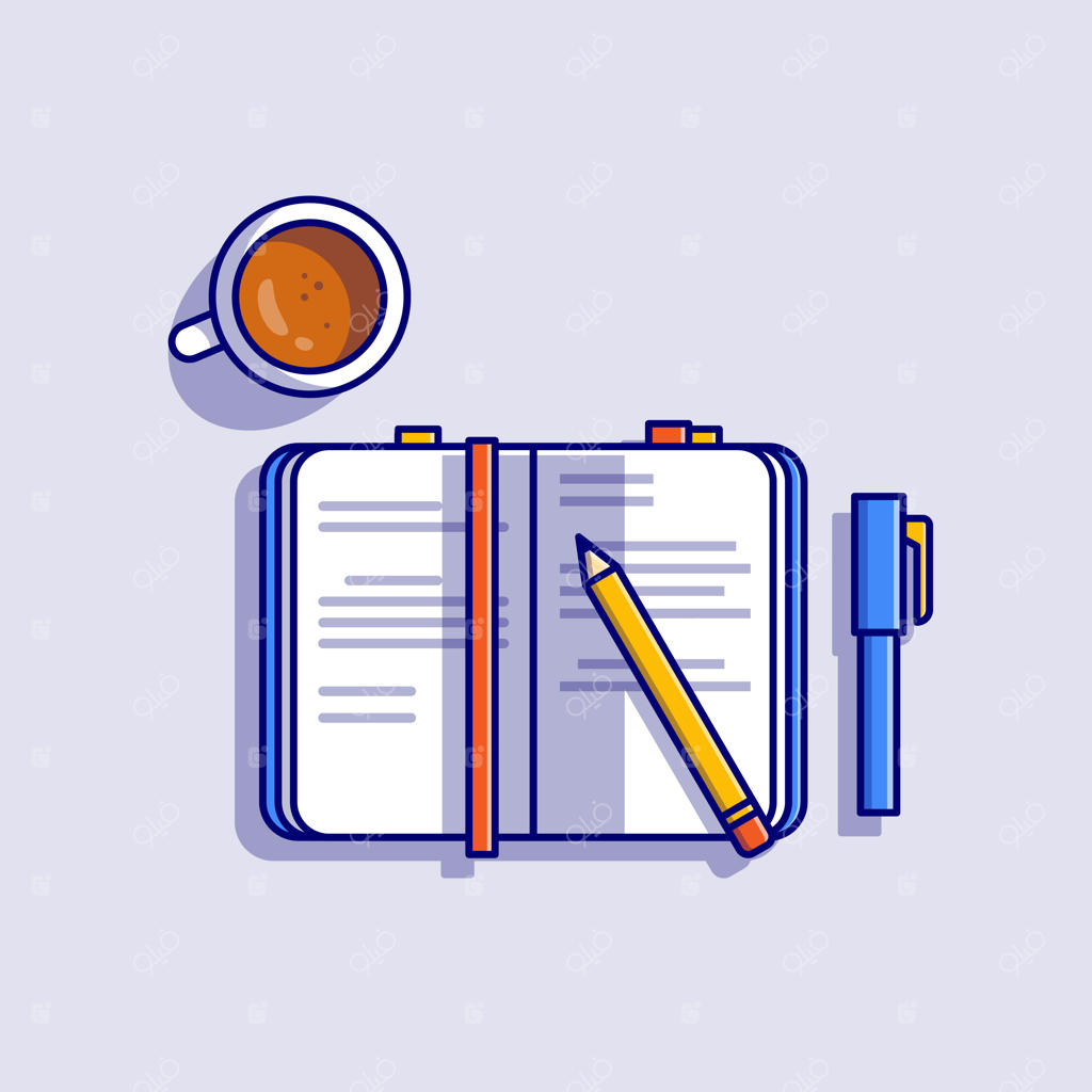 کتاب با مداد، خودکار و آیکون کارتونی قهوه. مفهوم آیکون وسایل آموزشی جدا شده. سبک کارتونی ساده