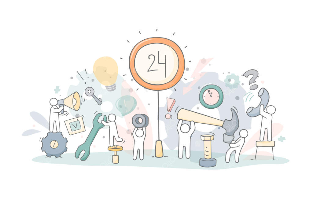 تیم پشتیبانی: طرح‌های کارتونی آدمک‌ها و ابزارها. تصویرسازی دستی برای طراحی تجاری.