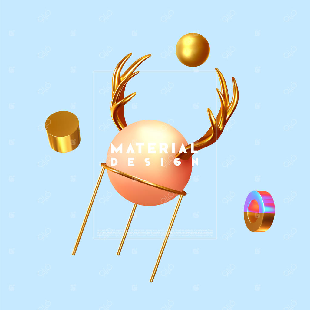 پس‌زمینه مینیمال با طراحی انتزاعی و اشکال سه‌بعدی، رندر واقع‌گرایانه. پوستر طراحی خلاقانه، اشیاء هندسی مدرن و مینیمال مانند توپ‌ها و شاخ گوزن. تصویرسازی وکتور.