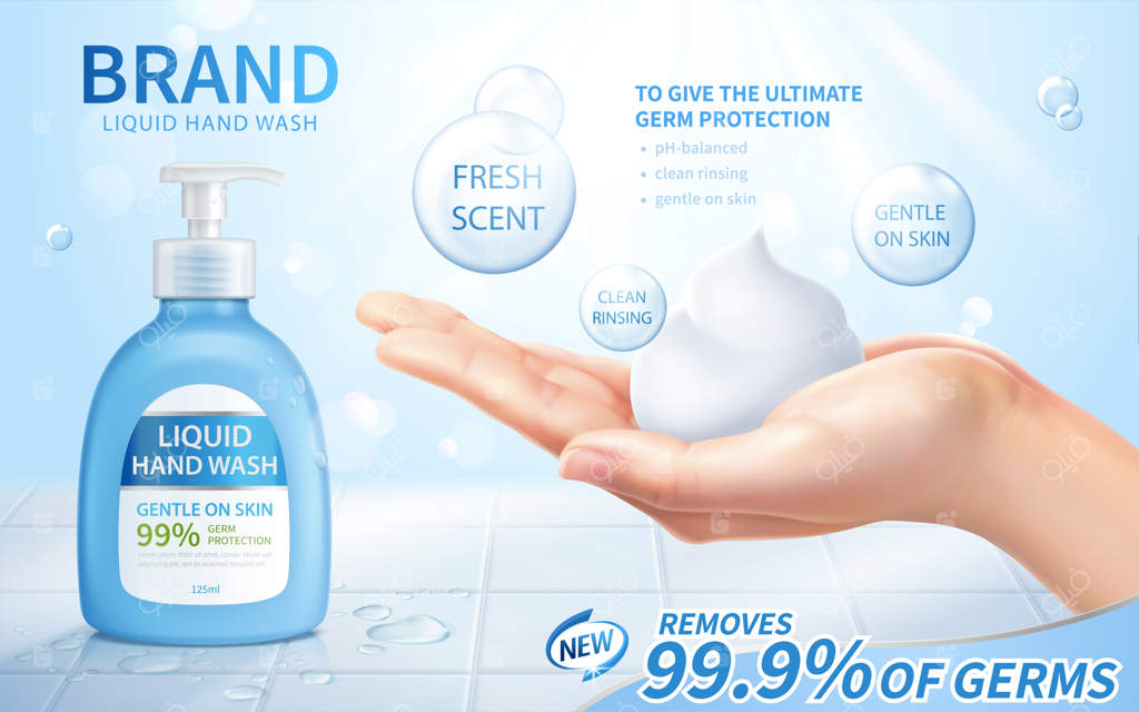 قالب تبلیغاتی شستشوی دست مایع: دست زنانه در حالت کف باز با کف کرمی