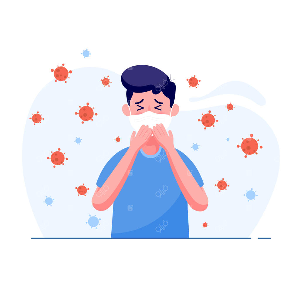 مردی با ماسک پزشکی و علائم تب در هوای آلوده به ویروس. مفهوم شیوع و همه‌گیری ویروس کرونا و کووید-۱۹ در جهان.