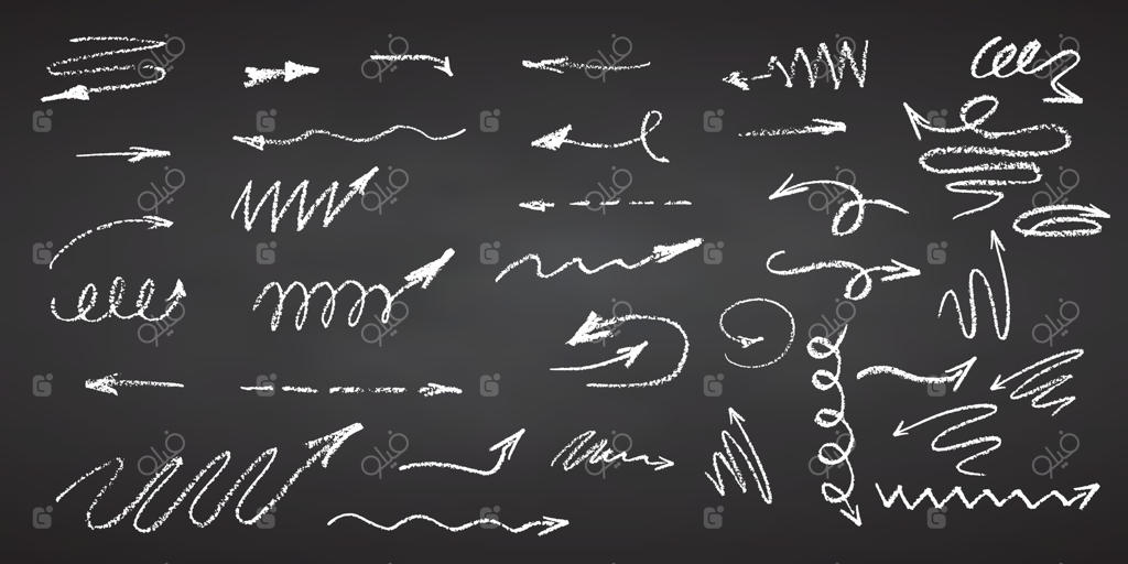 مداد زغالی طراحی دستی فلش‌های مارپیچ چرخش‌ها و خطوط منحنی و موجی با گچ سفید روی تخته سیاه طراحی‌های خطی با بافت مداد شمعی گچی