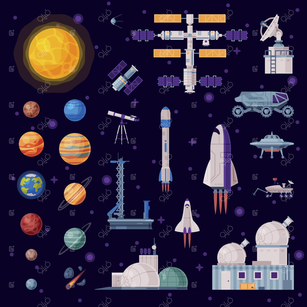مجموعه اجرام فضایی، سیارات منظومه شمسی، موشک، شاتل، کاوشگر، ماهواره مصنوعی، رصدخانه، پایگاه فضایی، مفاهیم صنعت فضایی و تصویرسازی