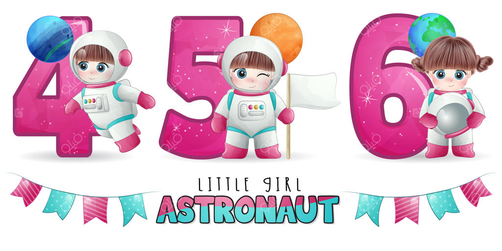 ست تصویر دختر فضانورد بامزه با شماره‌گذاری