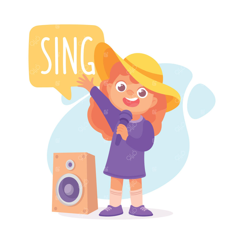تصویرسازی دختربچه در حال آواز خواندن با میکروفون برای آموزش فعل و یادگیری واژگان