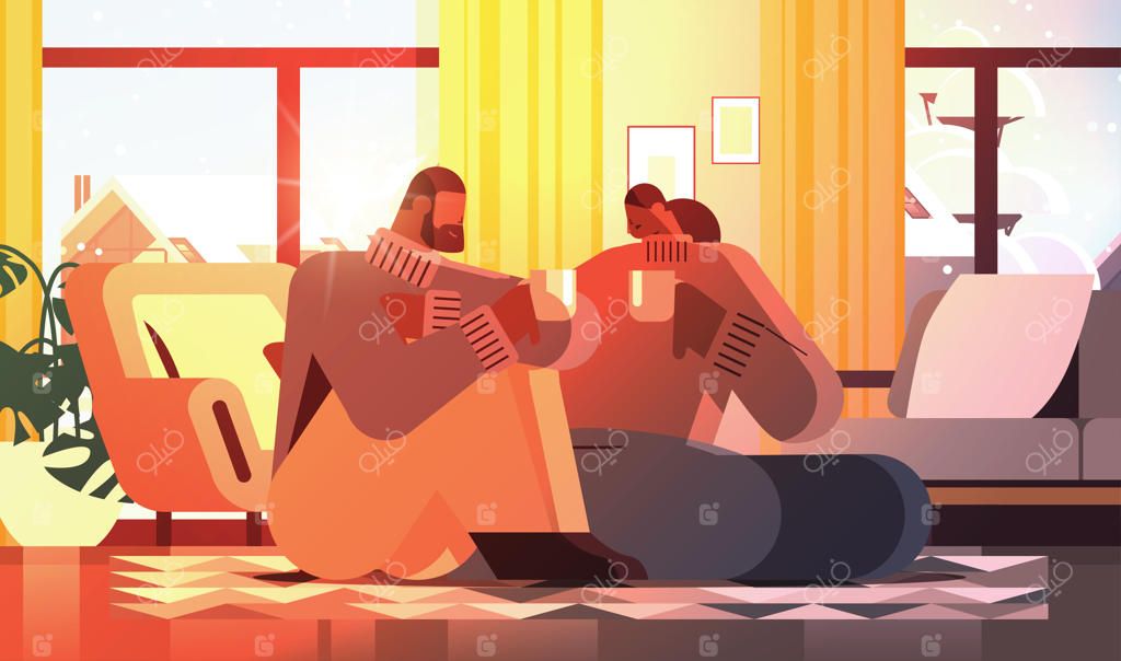 زوج آفریقایی‌-آمریکایی در حال نوشیدن قهوه و گفتگو در اتاق نشیمن خانه