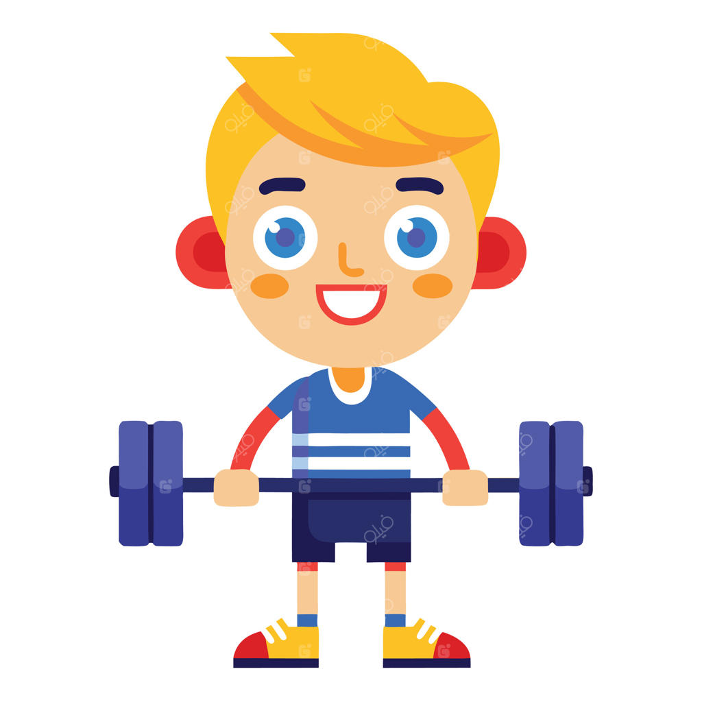 پسر کارتونی خندان با لباس ورزشی در حال بلند کردن هالتر در پس‌زمینه سفید